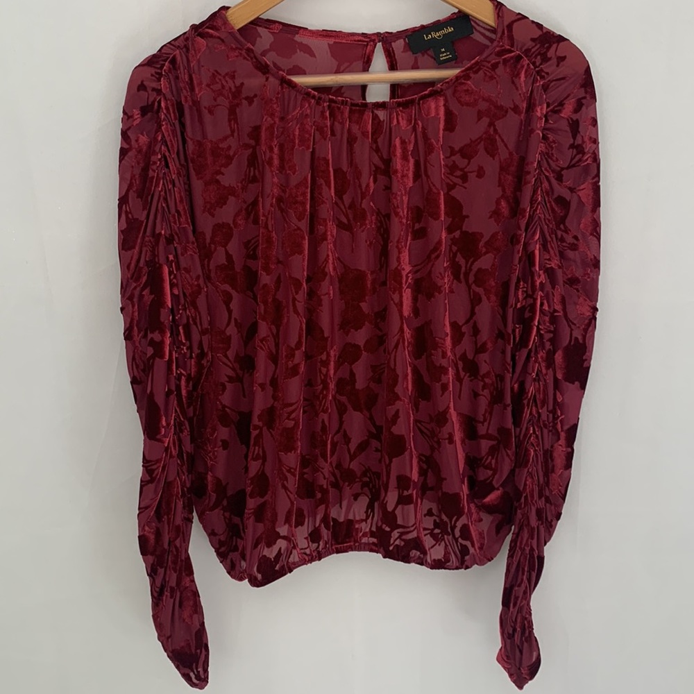 La Rambla Sheer Floral Velour Ruched Sleeve Blouse Size Medium